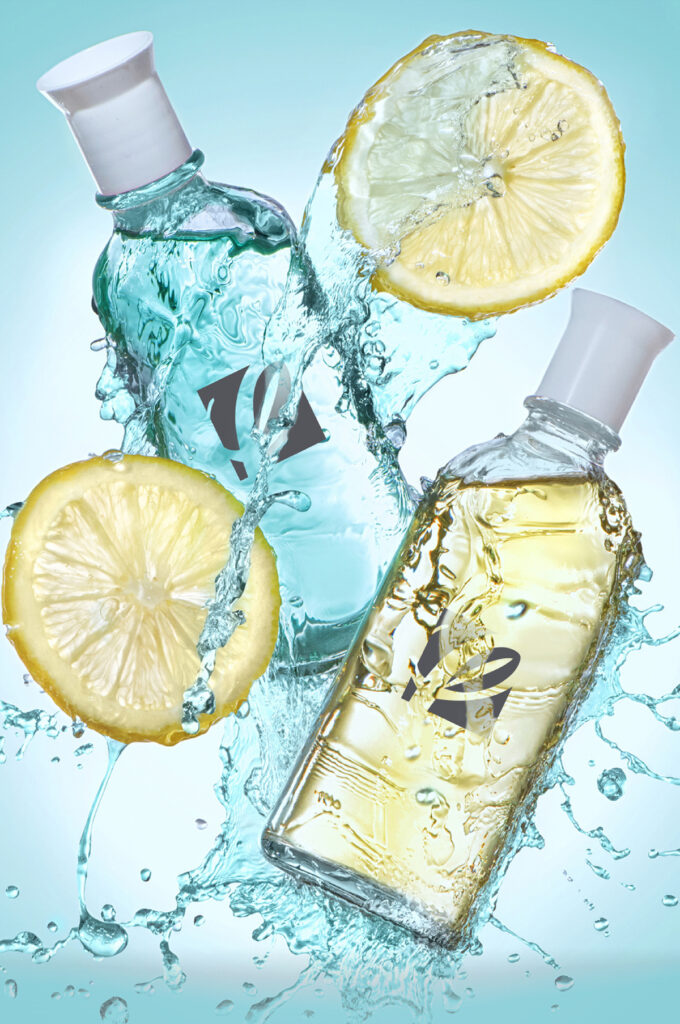 Build Your Brand image for the build your brand section showing 2 bottles in artistic water splash